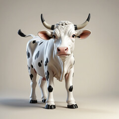An adorable cartoon cow standing in a three-dimensional farm scene