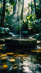 Purified Holy Water Photoshoot High-Resolution 4K Jungle Setting with Komorebi and Godrays