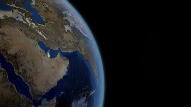 Fly Zoom into Qatar, Doha, Al Rayyan, through space to see the country map region from above from space. Detailed map Showing area, HD and 4K. Animation.