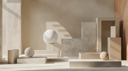 Minimalist Geometric Interior Design Arrangement with Natural Toned Decor Elements