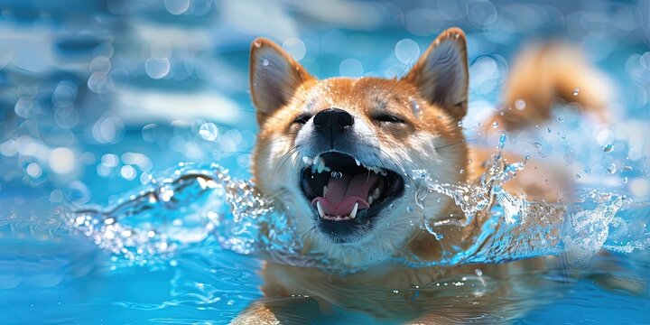 Adorable fluffy shiba inu doge swimming in the pool