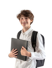Young student wear school uniform holding computer