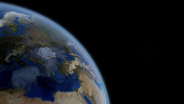 Fly Zoom into Romania, Bucharest, through space to see the country map region from above from space. Detailed map Showing area, HD and 4K. Animation.