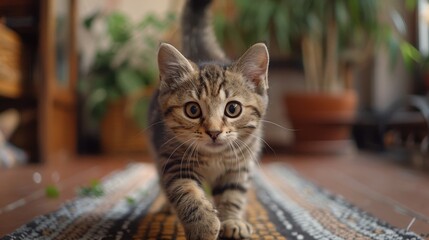 A kitten is walking on a rug in a room