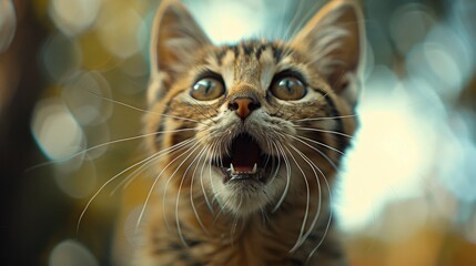 A cat with its mouth open and eyes wide open