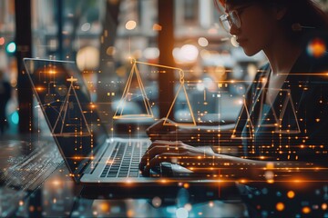 A paralegal drafting legal documents on a laptop selective focus, technology theme, vibrant, overlay, coffee shop backdrop