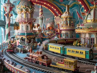Fototapeta premium The image is depicting a colorful and vibrant model train set with a circus theme. There are various elements such as a Ferris wheel, a roller coaster, and a clown.