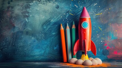 Sketch Rocket Pencils Books School Back to start blackboard background book crayons equipment launch creativity apple supply education creative concept chalk idea desk class vignetting