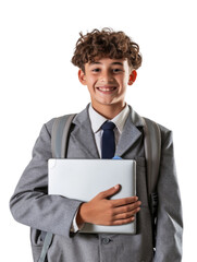 Young student wear school uniform holding computer
