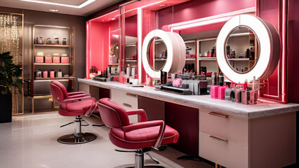 beauty salon interior. You can see armchairs facing a white counter with built-in mirrors and round lighting. Various products for skin and hair care are neatly arranged on it.