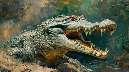 Obraz premium A crocodile is shown with its mouth open, looking at the camera