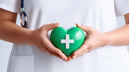 a pair of hands holding a green heart with a white plus on it. The background is plain and white. This image can be related to health care, medical care