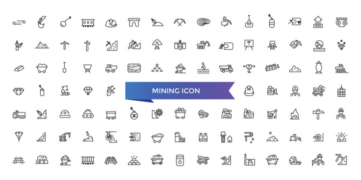 Mining icon collection. Related to minerals, gold, pickaxe, miner, excavator, diamond, coal wagon, jackhammer and gold panning icons.