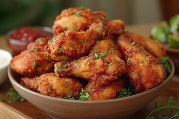 Fototapeta premium Fried Chicken - Crispy golden-brown fried chicken pieces. 