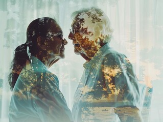 A physical therapist helping an elderly patient with mobility exercises close up, senior care theme, dynamic, double exposure, home care backdrop