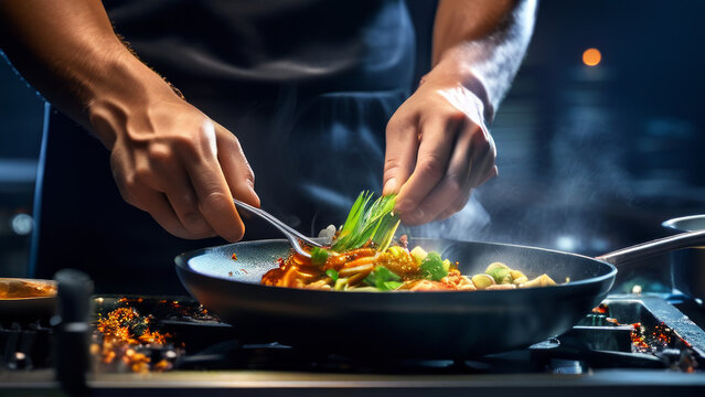 a man is preparing a meal. His hands use kitchen utensils to fry vegetables in a skillet. theia related to cooking, food preparation, or healthy eating.