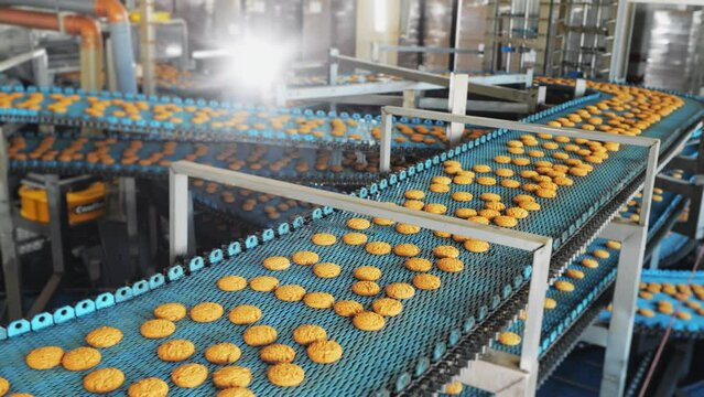 Automated cookie production line in industrial bakery factory.