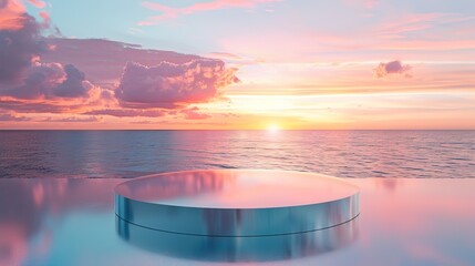 Glass podium on crystal water surface on tender sunset sky background. Show case for natural cosmetic products. Concept scene stage for new product