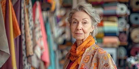 elegant older fashion woman model, fabric store 