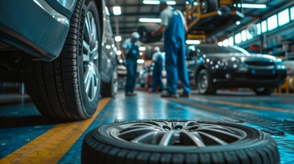 Fototapeta premium Mechanics at Work in Expert Tire and Wheel Service Garage