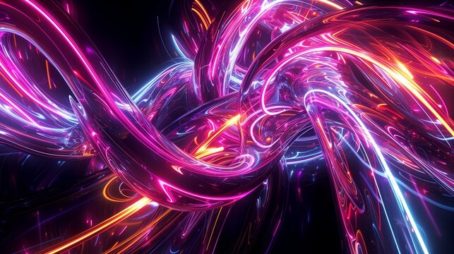 A spellbinding 3D abstract artwork depicting neon light beams arcing and intertwining in a complex, luminous dance, creating a stunning array of colors and reflections.