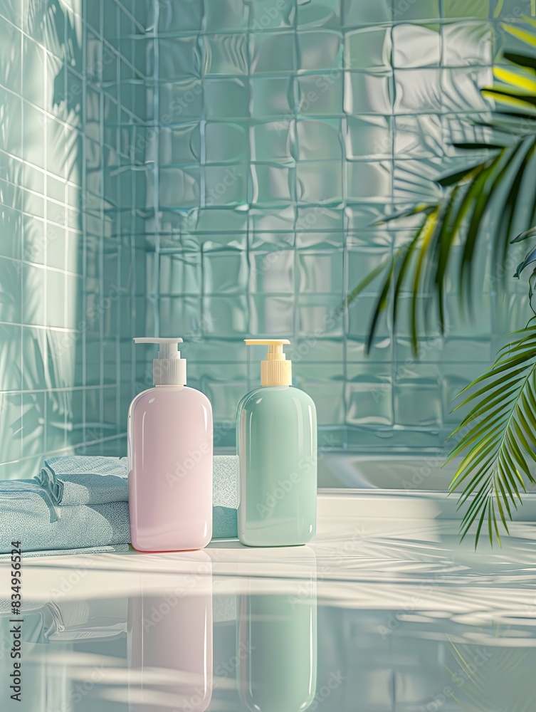 Poster two stylish bottles of shampoo and conditioner sit on a white countertop in a modern bathroom. gener