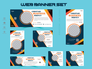 Branding and marketing agency web set banner design, of different sizes with diagonal red elements and a place for photos.