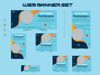 Branding and marketing agency web set banner design, of different sizes with diagonal red elements and a place for photos.