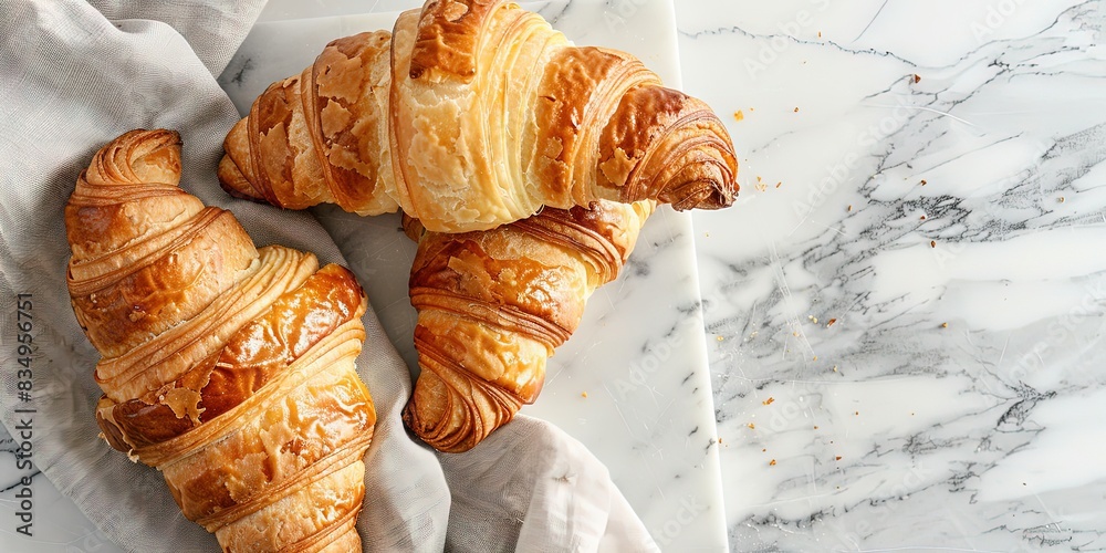 Wall mural Fresh croissants on cloth on on a trendy marble table