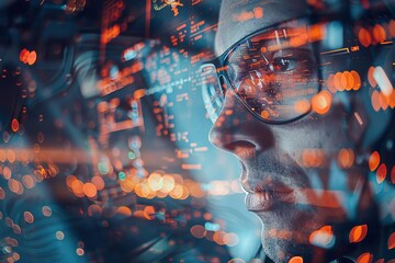 A pilot receiving flight instructions from a copilot close up, teamwork theme, dynamic, double exposure, airplane cockpit backdrop
