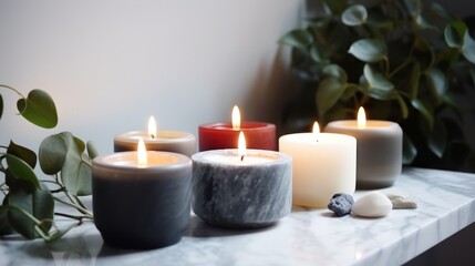 Burning white scented candles in a glass on a table with plants nearby in a minimalist style.