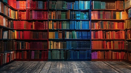 bookshelf with multi-colored books, background consisting of a huge bookshelf