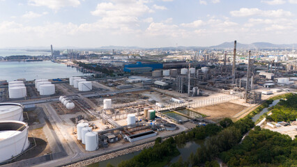 Obraz premium Aerial view oil and gas chemical tank with oil refinery plant business and industry power energy chemical barrel. for Transportation in Thailand