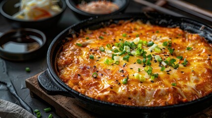 Fototapeta premium Cheese Dak Galbi presented on a dark backdrop