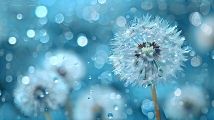 Dandelion Seeds in droplets of water on blue