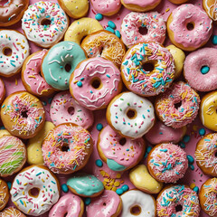 A stack of colorful donuts topped with chocolate sprinkles and frosting, a tasty and festive treat