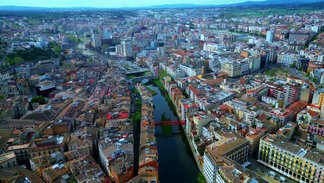 Aerial Drone Shot of Girona City Catalunya Spain 