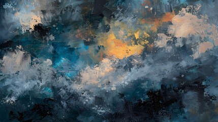 An abstract oil painting of a stormy sky, using contrasting colors and bold textures. The painting features dramatic shades of dark blue, gray, and black, with flashes of bright yellow and orange.