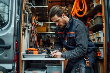 A plumber preparing tools for an emergency repair call focus on readiness, emergency theme, dynamic, manipulation, work van backdrop