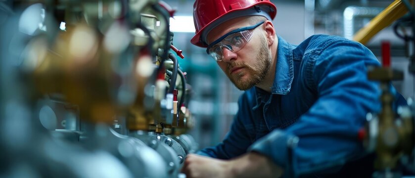 A plumber working on a commercial buildings plumbing system focus on commercial work, infrastructure theme, realistic, multilayer, commercial building backdrop