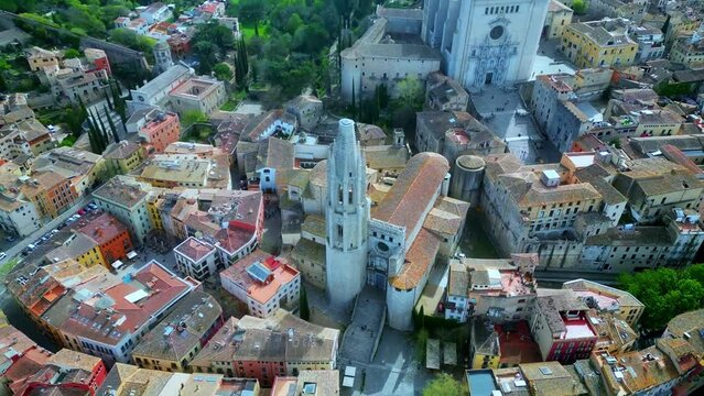 Aerial Drone Shot of Girona City Catalunya Spain 