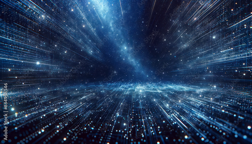 Poster a digital representation of a starry sky and a warp speed effect, with a deep blue background, evoki