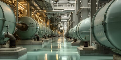 Interior Perspective of an Industrial Power Plant Featuring a Complex Network of Pipes. Concept Industrial Power Plants, Pipes and Valves, Engineering Marvels, Interior Structures