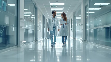 Two doctors in white coats, walking down the corridor of a modern hospital while talking and holding documents in their hands. Generative AI.