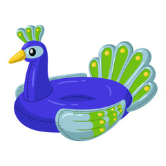 A swimming circle in the form of a blue peacock with large round eyes, blue, green and a large tail. This bird float is perfect for a summer themed pool party. Isolated vector illustration