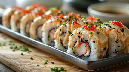 Delicious fresh baked sushi roll with crab may on