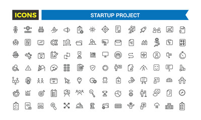 Startup project and development icon set. Outline icons pack. Editable vector icon and illustration.