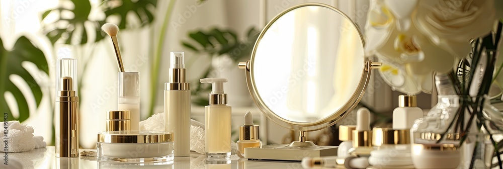 Poster a close-up shot of a vanity table top, featuring a gold tabletop mirror surrounded by various cosmet