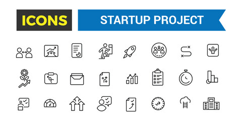 Startup project and development icon set. Outline icons pack. Editable vector icon and illustration.