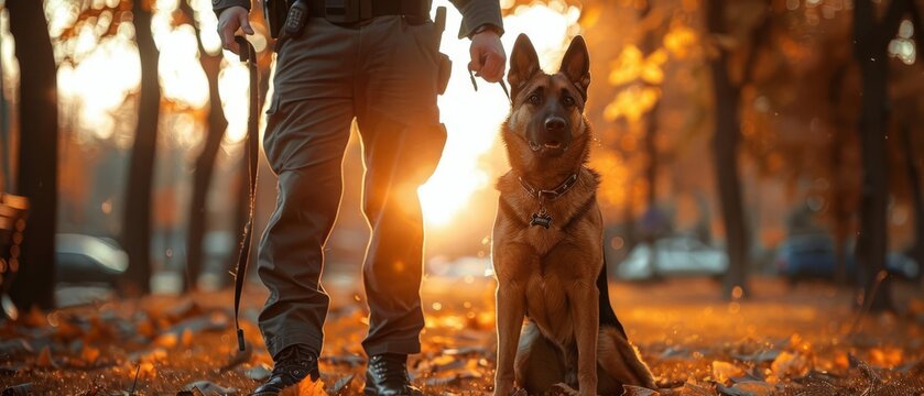 A police officer handling a police dog during a search operation focus on partnership, K9 unit theme, vibrant, composite, park backdrop